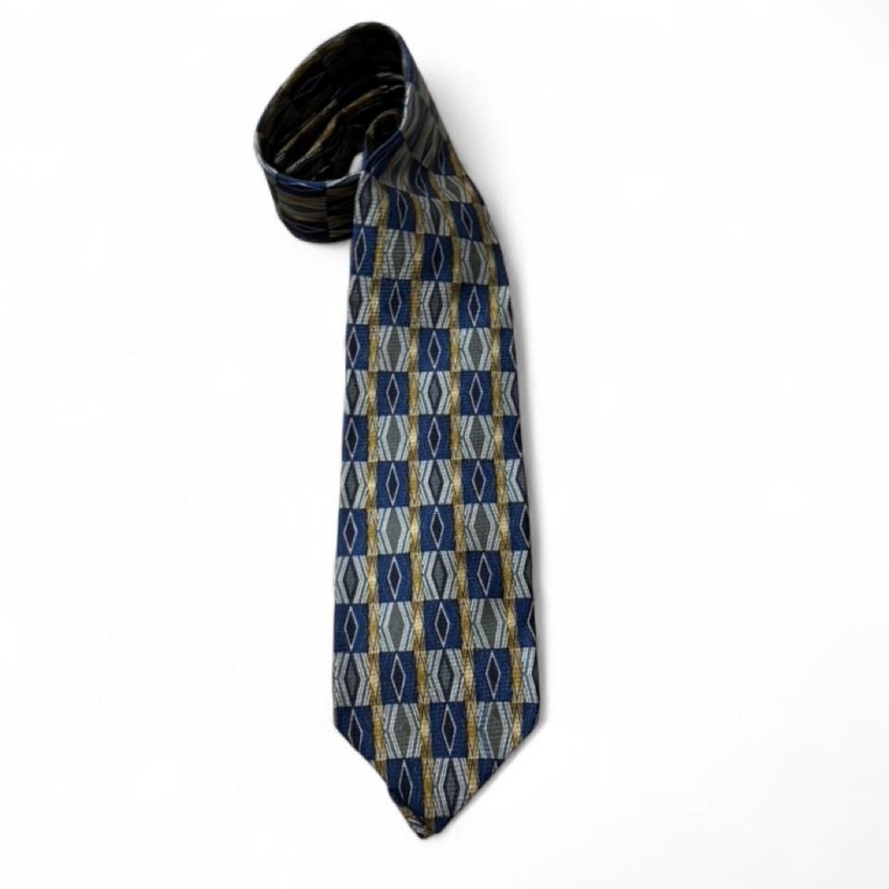Vintage 90s Structure Navy, Gold  & Silver Geometric Block Silk Tie